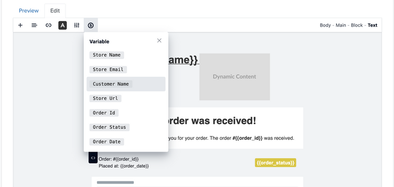Email Editor - Variables List
