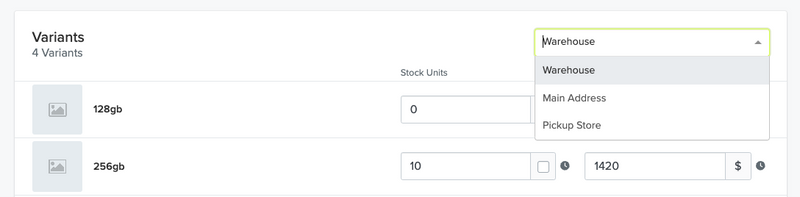 **Products Location Selector with variants**
