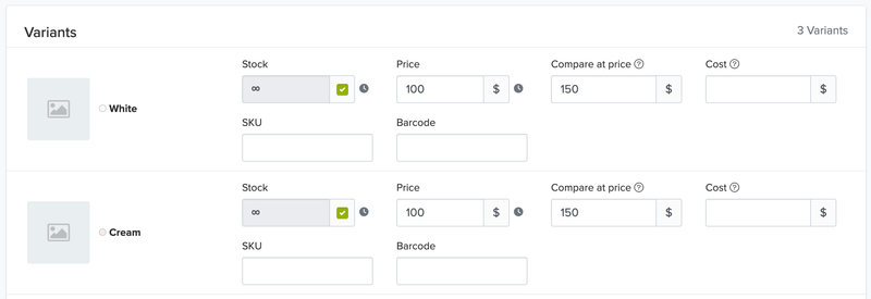 Screenshot of extended variants options screen with input fields for selling price and Compare At Price for each variant