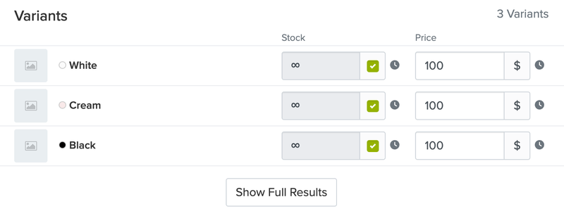Screenshot of Show Full Results button in the Variants section